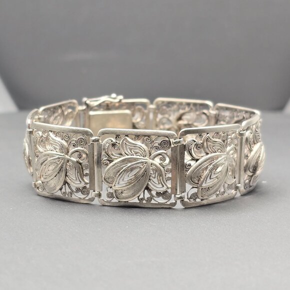 Vintage 850 Silver Filigree Panel Bracelet 7" Floral Design Hidden Clasp - Picture 1 of 11